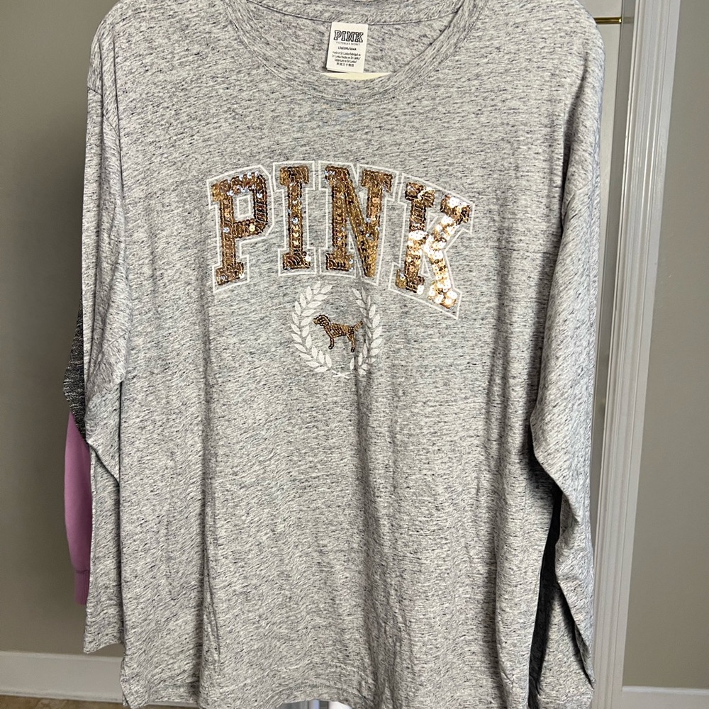 PINK Victoria's Secret Gray with gold Sequined logo long sleeve Top NWOT